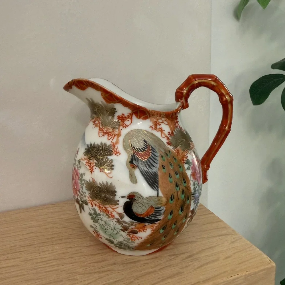 Vintage‎ Japanese Kutani Porcelain Peacock Creamer Pitcher Gold Gilt Handle